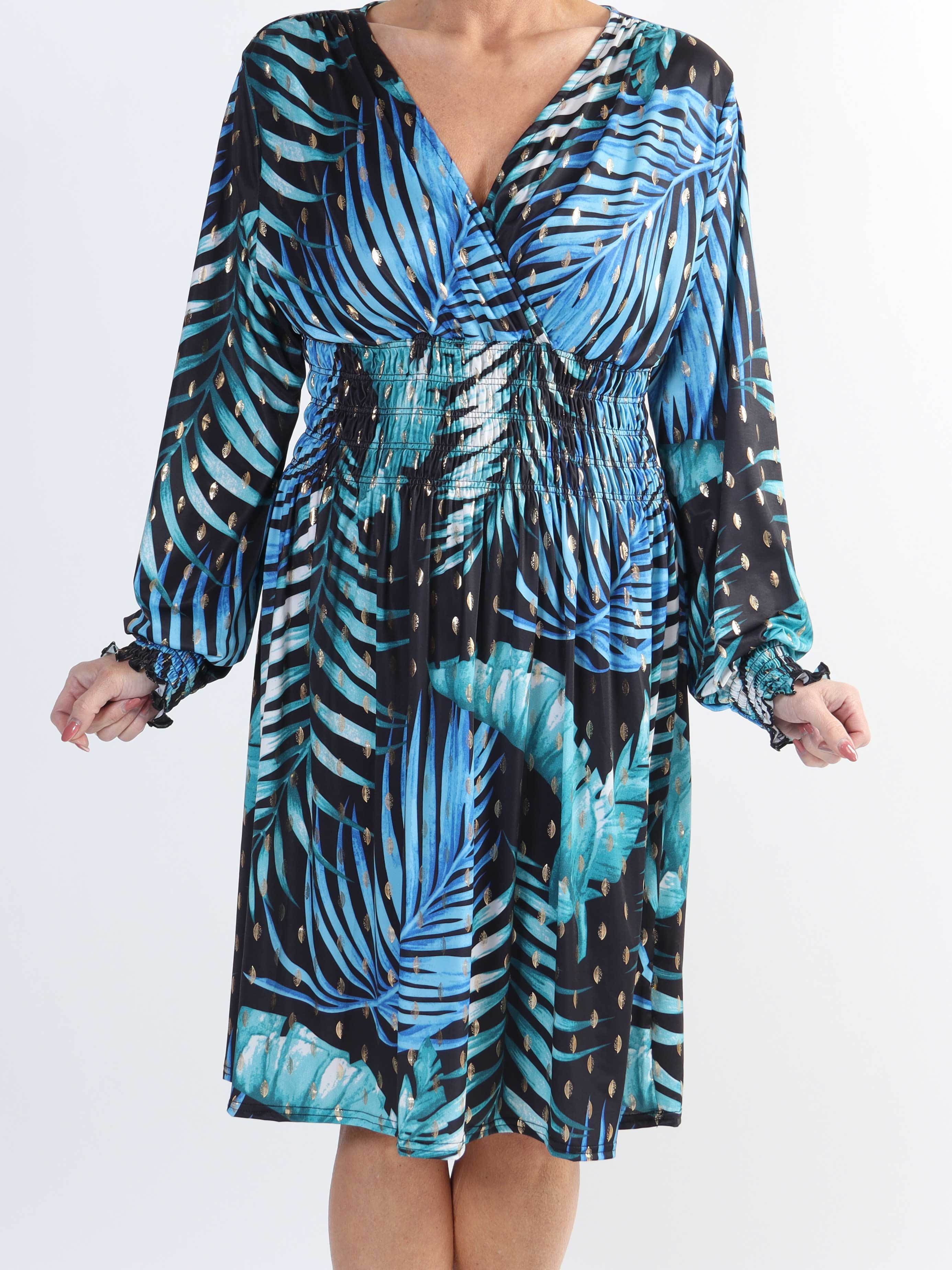 Pams Leaf Short L/S - Elastisk mønstret plus size kjole i krølfrit stof